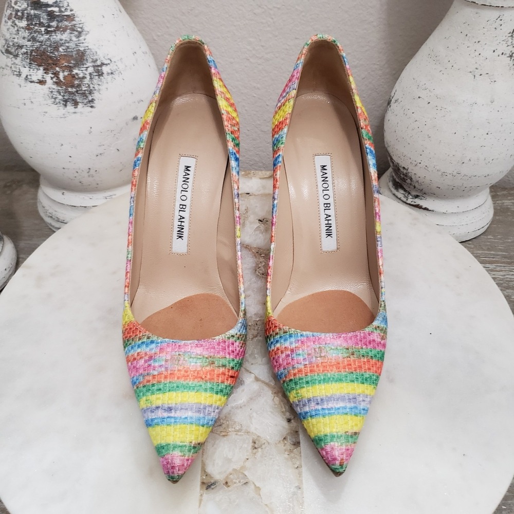 MANOLO BLAHNIK Striped Colorful Rainbow Pointed Pumps Heels EU 36 US 6 - Picture 2 of 12